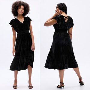 NWT GAP Velour Smocked Short Flutter Sleeve Midi Dress Black Size XL